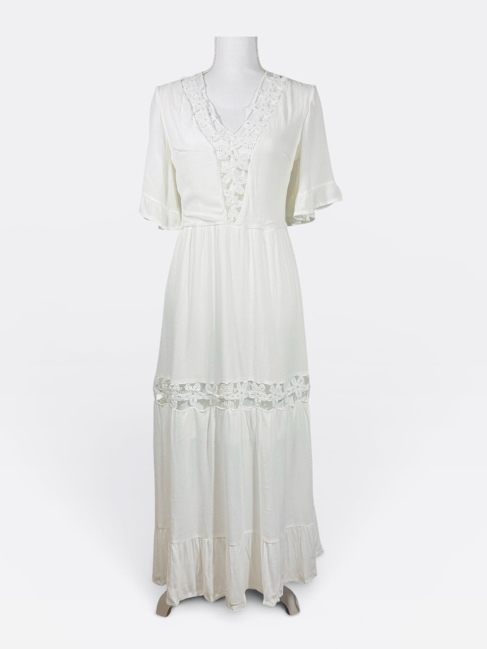 Parisian UK White Corset Back Flutter Sleeve Maxi Dress 10 Boho Whimsy Summer